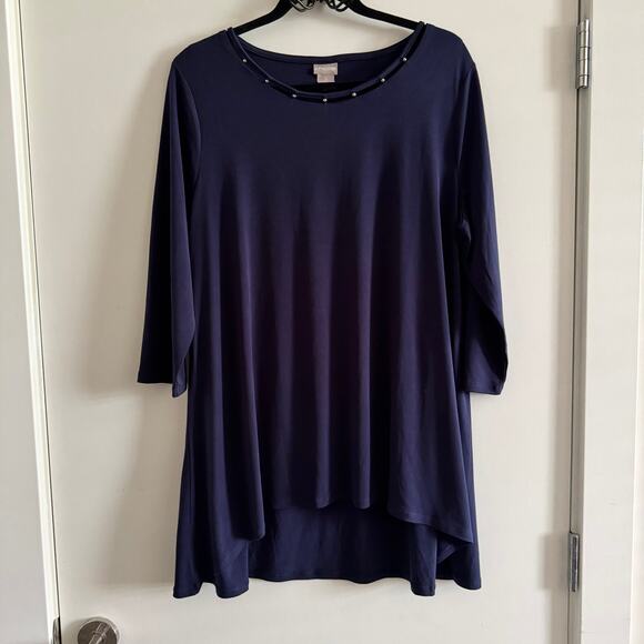 Chico's Tunic Top Blue Scoop Neck Beaded Pullover 3/4 Sleeve Women's Sz M/2 - Picture 1 of 5